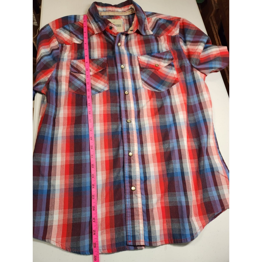 Ditch Plains Pearl Snap Men's Size L Shirt Red Blue Plaid Short Sleeve Cowboy - Picture 6 of 7